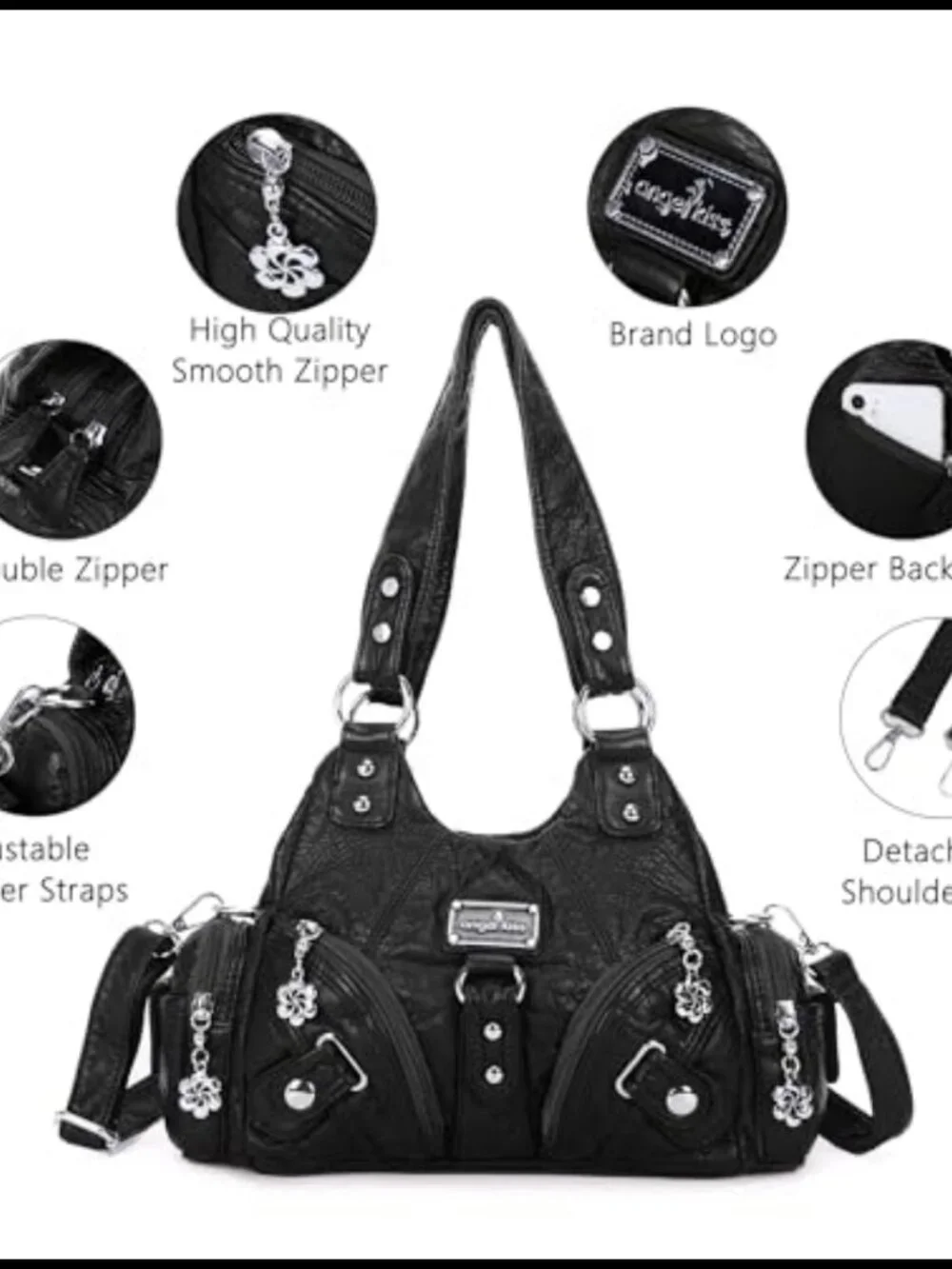 Vegan Leather Hobo Shoulder Bag Multi-Pocket Tote